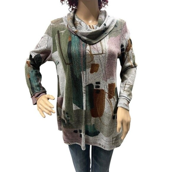 Jess & Jane Cowl Neck 3/4 Sleeve Artsy Abstract Print Tunic Top Size Small - Picture 1 of 10